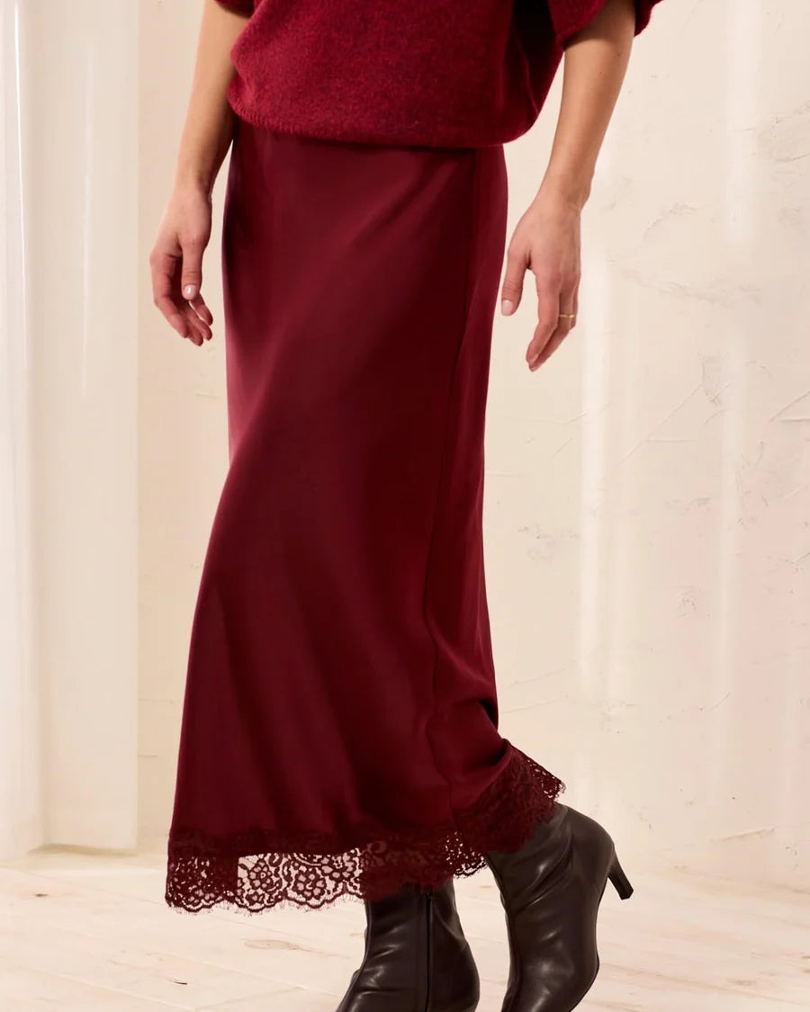 Luxe Lace-Trim Satin Midi Skirt