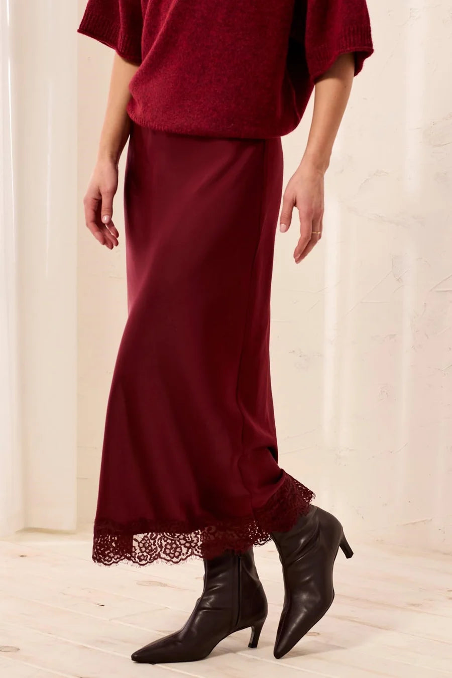 Luxe Lace-Trim Satin Midi Skirt