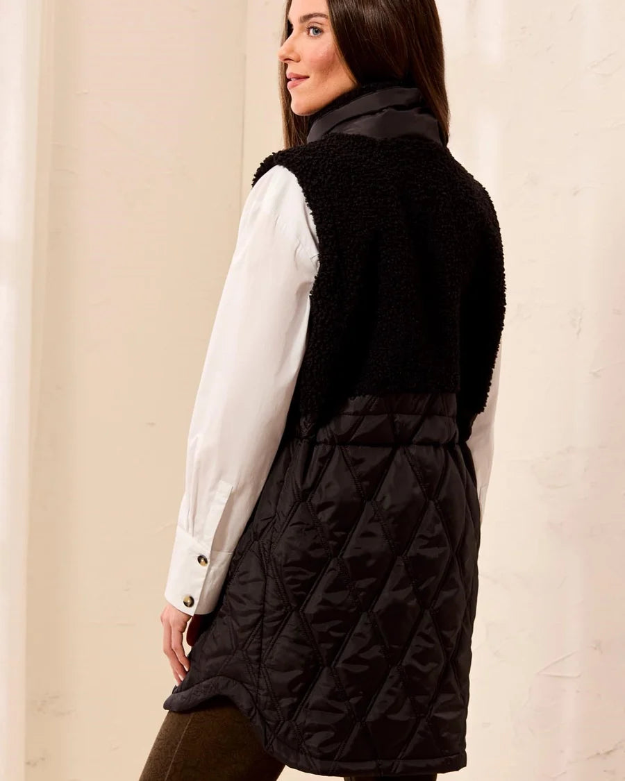 Longline Mix-Media Quilted Sherpa Vest with Cinch Waist