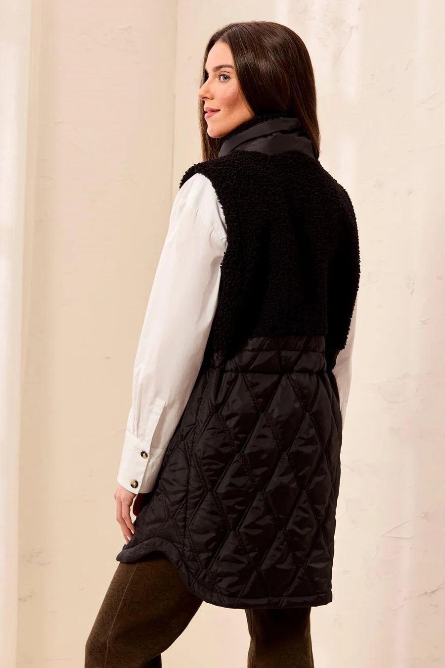 Longline Mix-Media Quilted Sherpa Vest with Cinch Waist