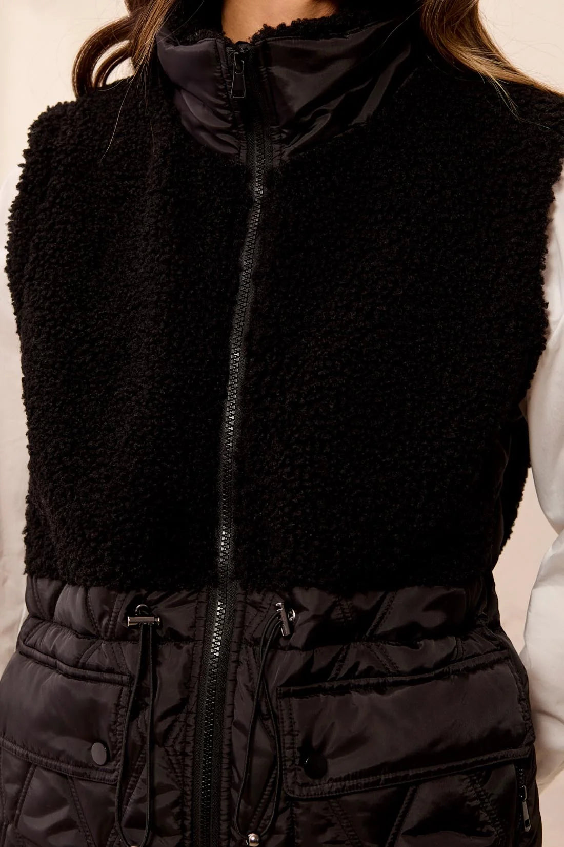 Longline Mix-Media Quilted Sherpa Vest with Cinch Waist