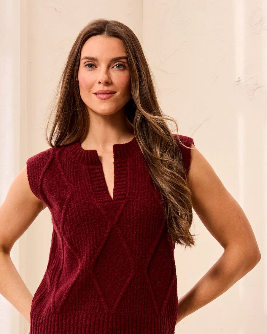 Luxe Split-Neck Sleeveless Knit Sweater