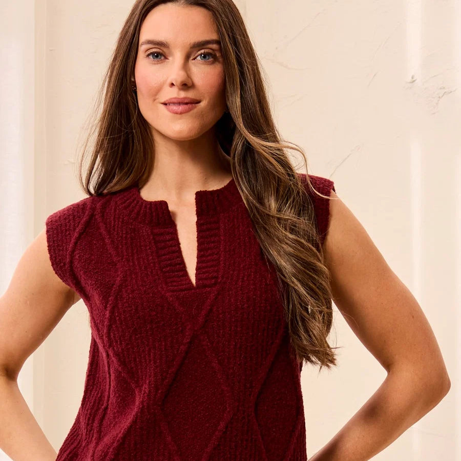 Luxe Split-Neck Sleeveless Knit Sweater