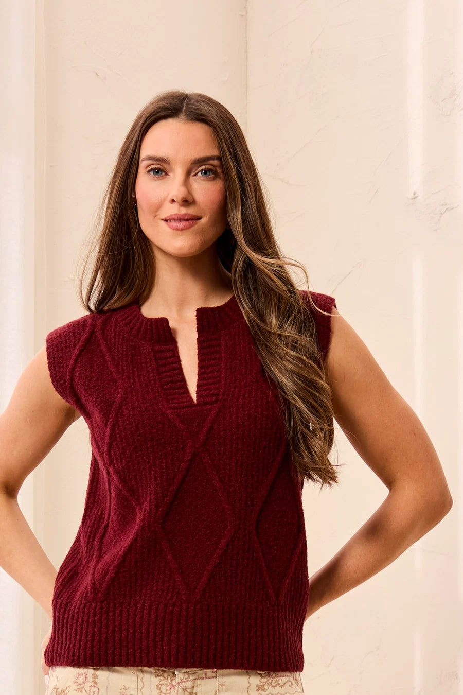 Luxe Split-Neck Sleeveless Knit Sweater