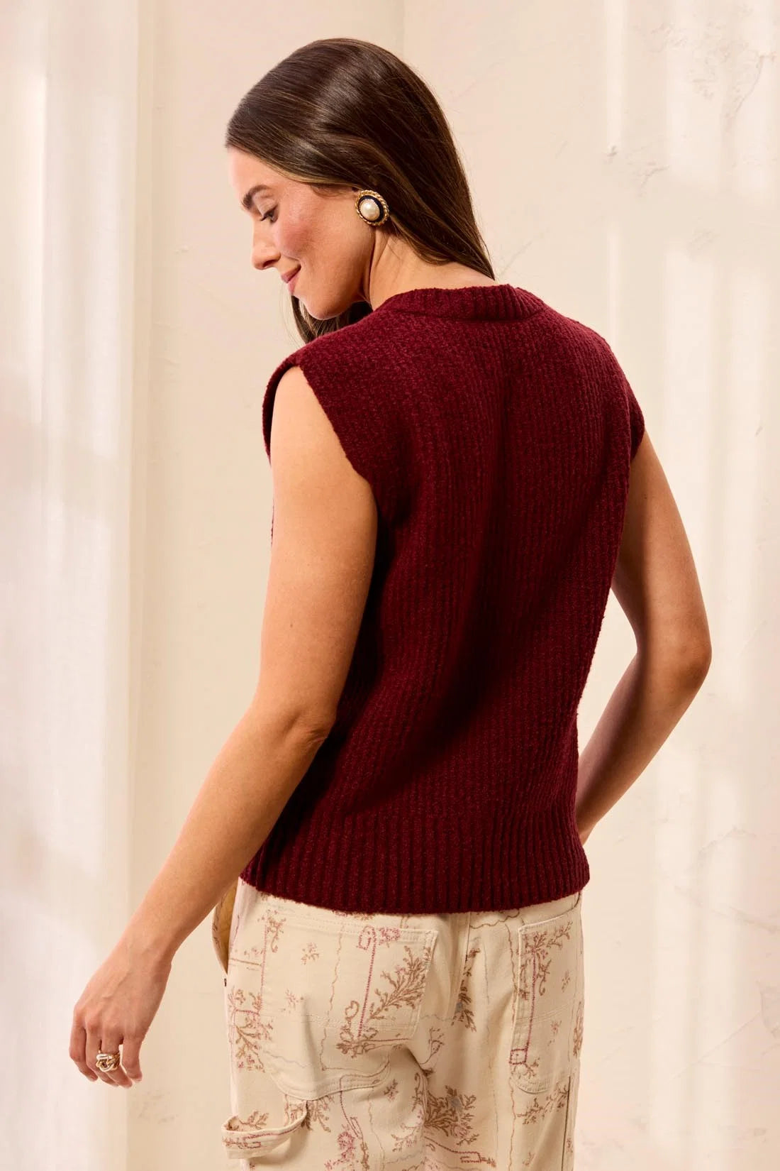 Luxe Split-Neck Sleeveless Knit Sweater