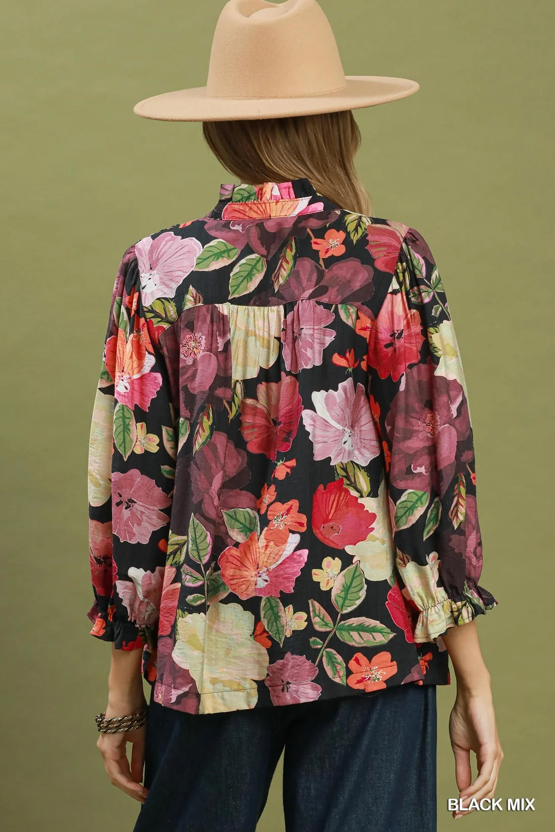 Umgee Boho Mix Floral Smocked Button-Front Blouse