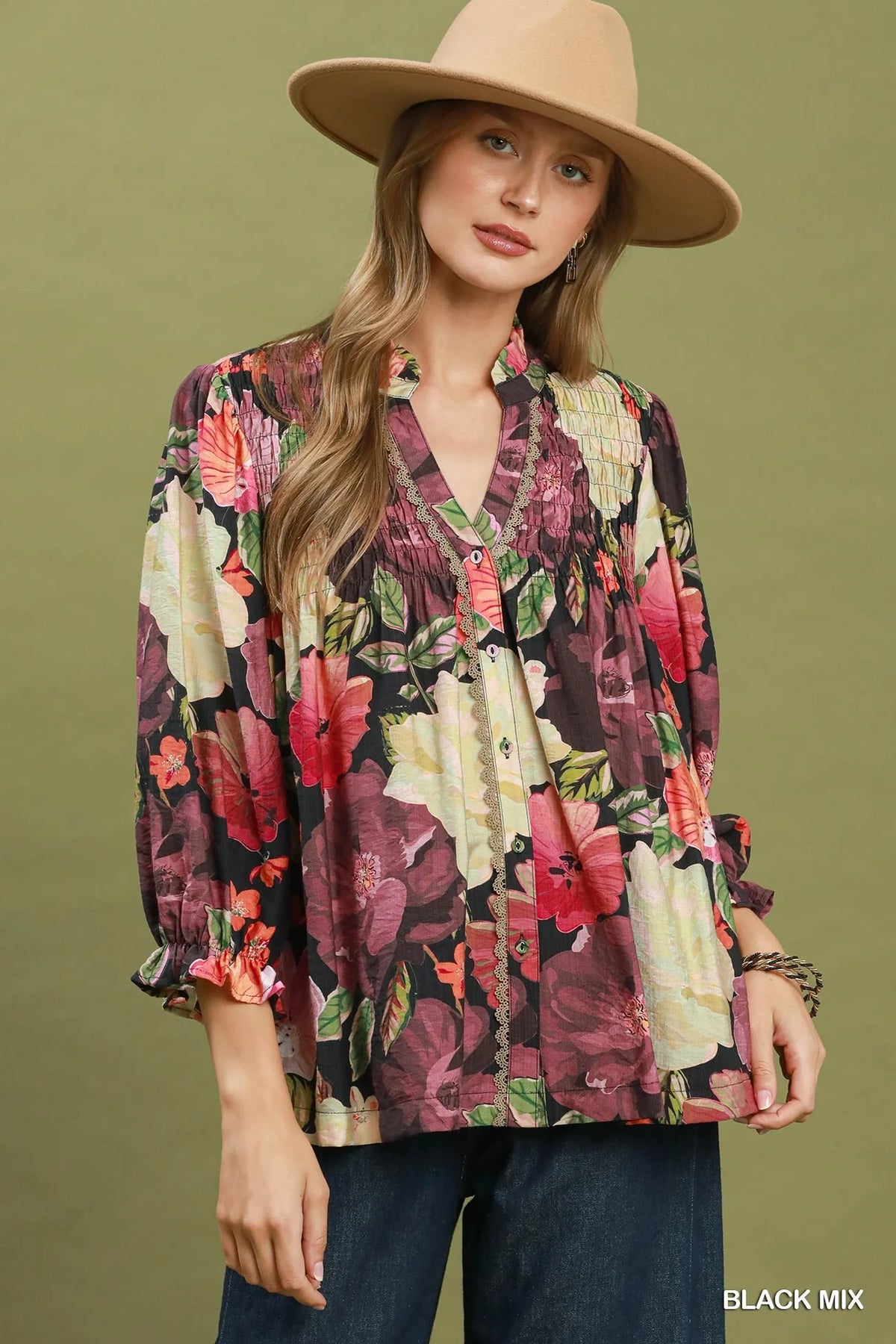 Umgee Boho Mix Floral Smocked Button-Front Blouse
