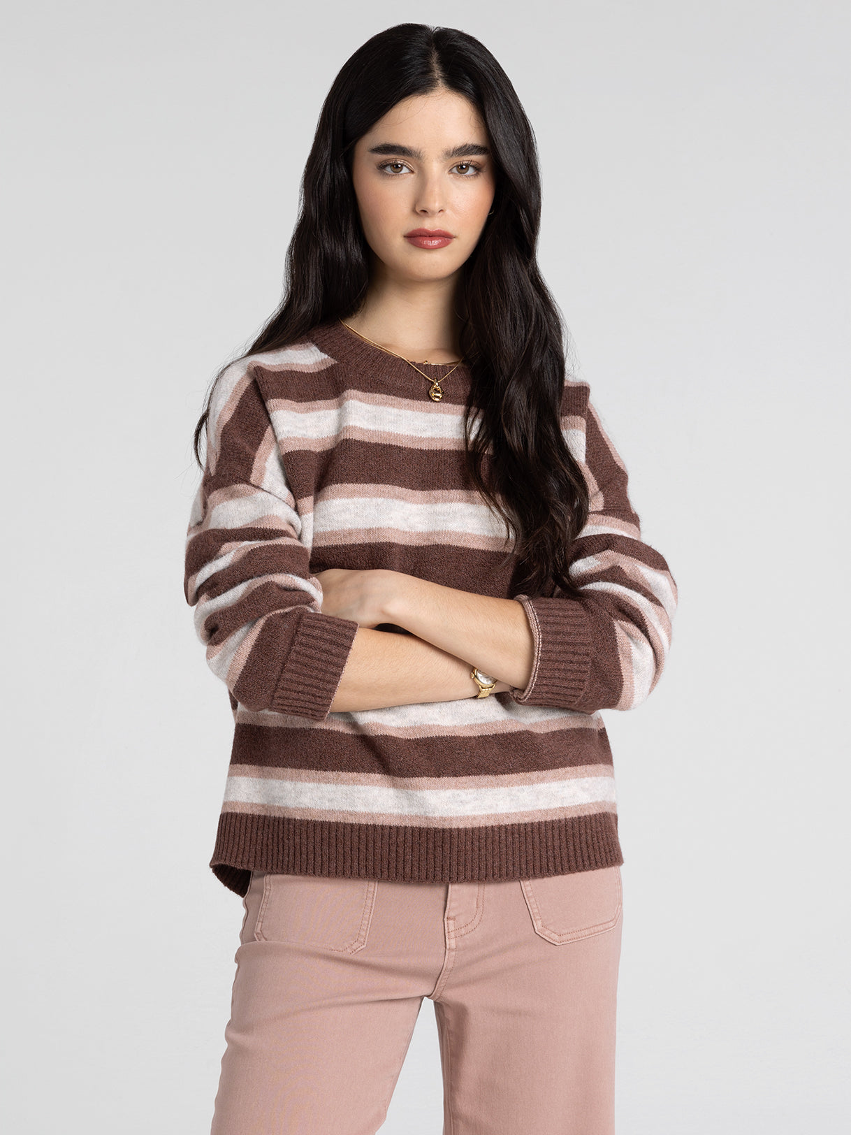 Montgomery Striped Crewneck Sweater – Cozy Brown & Pink Knit