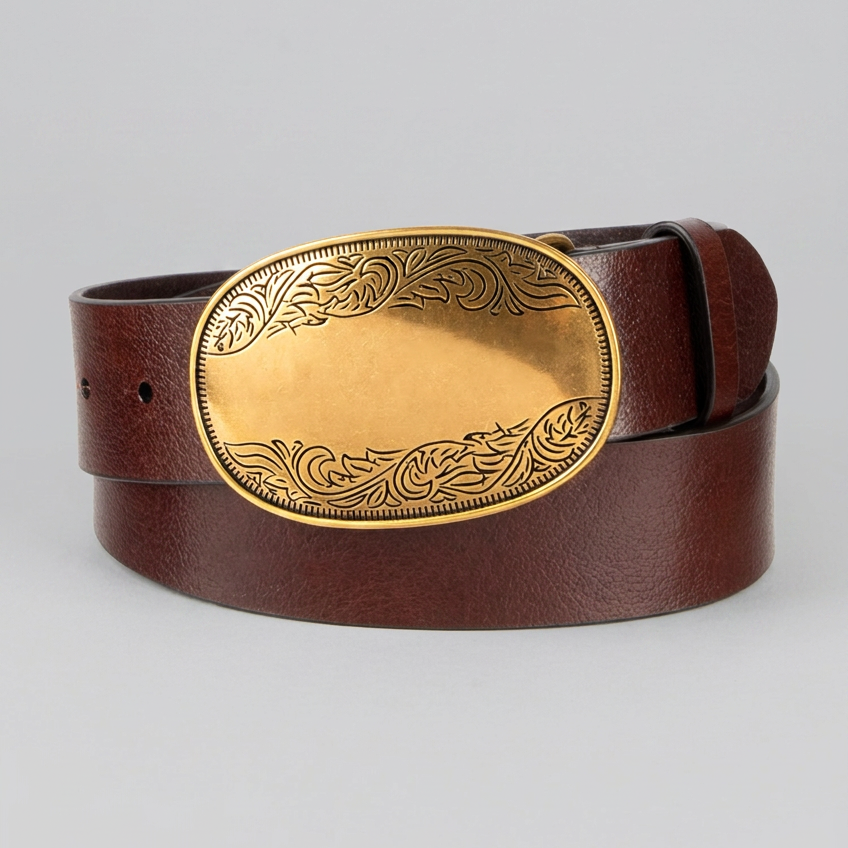 Tribal Smooth Leather Belt with Etched Gold Plaque Buckle