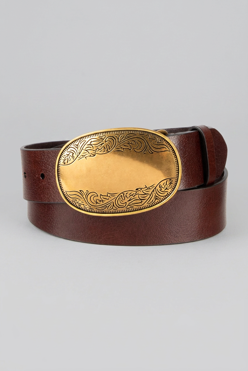 Tribal Smooth Leather Belt with Etched Gold Plaque Buckle