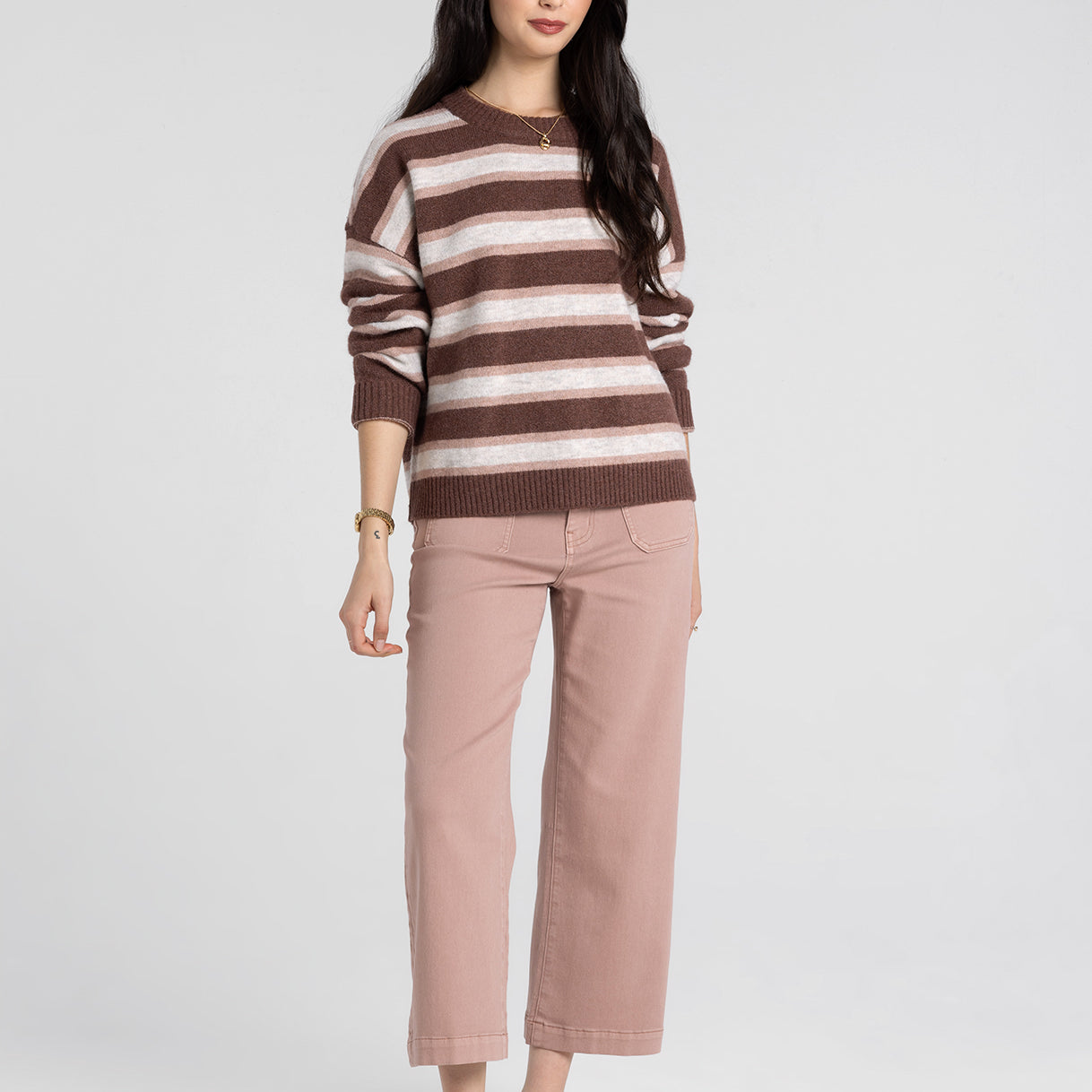 Montgomery Striped Crewneck Sweater – Cozy Brown & Pink Knit