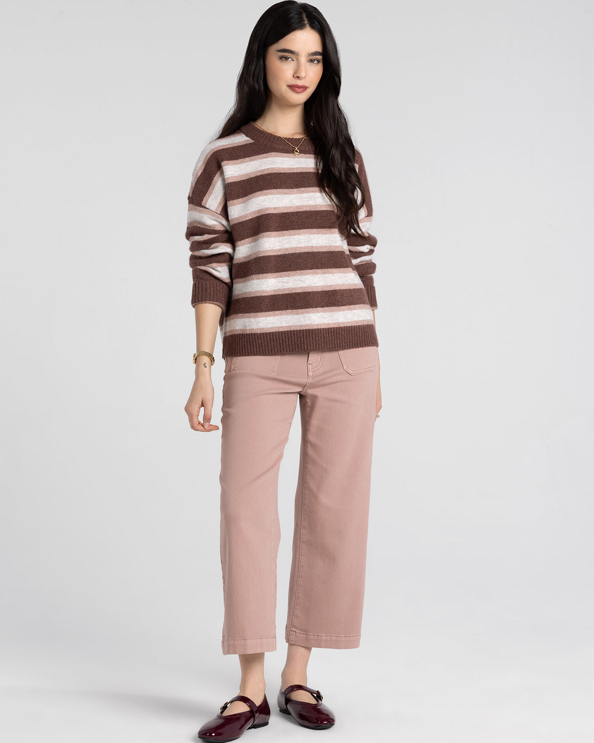 Montgomery Striped Crewneck Sweater – Cozy Brown & Pink Knit