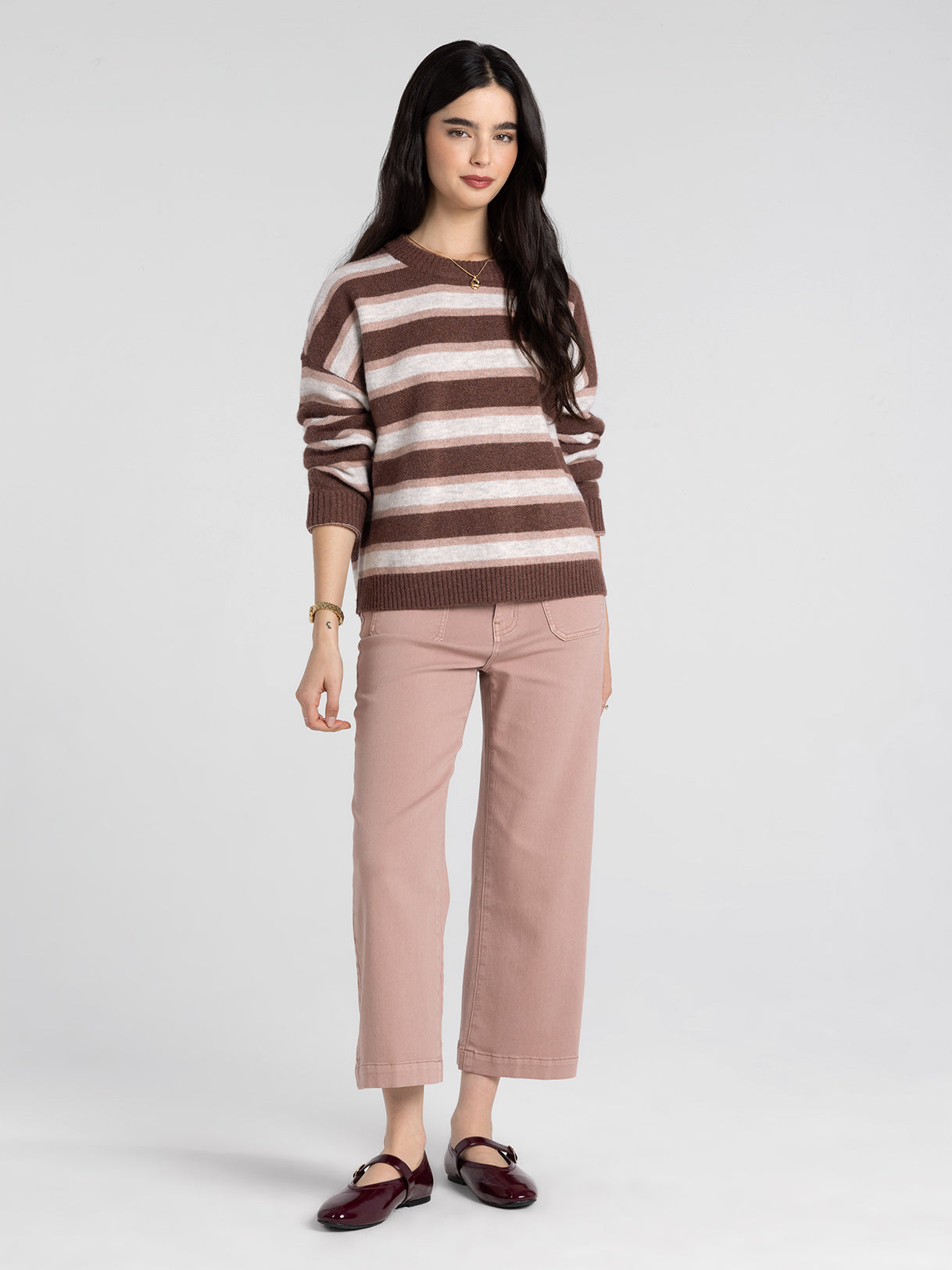 Montgomery Striped Crewneck Sweater – Cozy Brown & Pink Knit