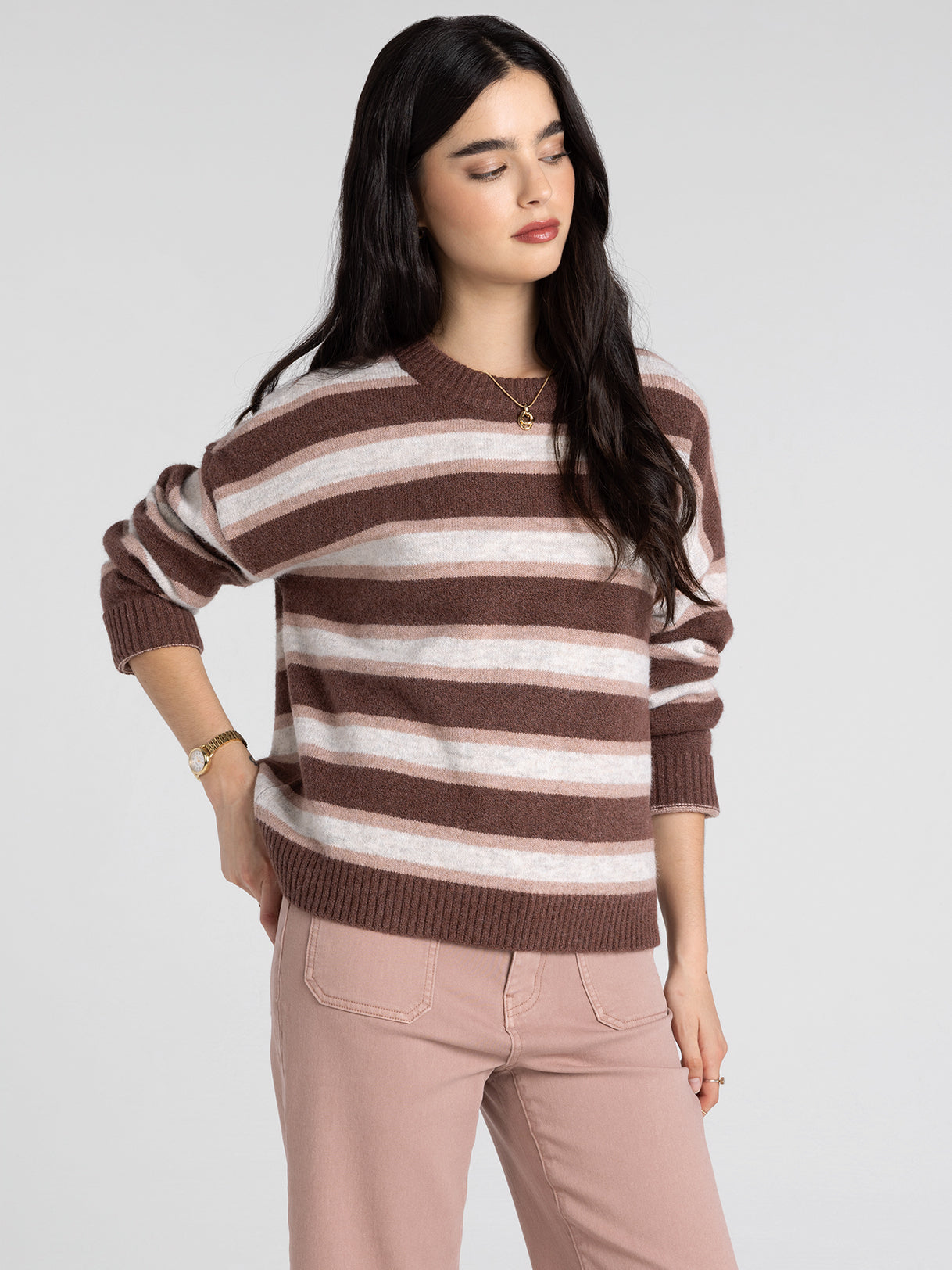 Montgomery Striped Crewneck Sweater – Cozy Brown & Pink Knit