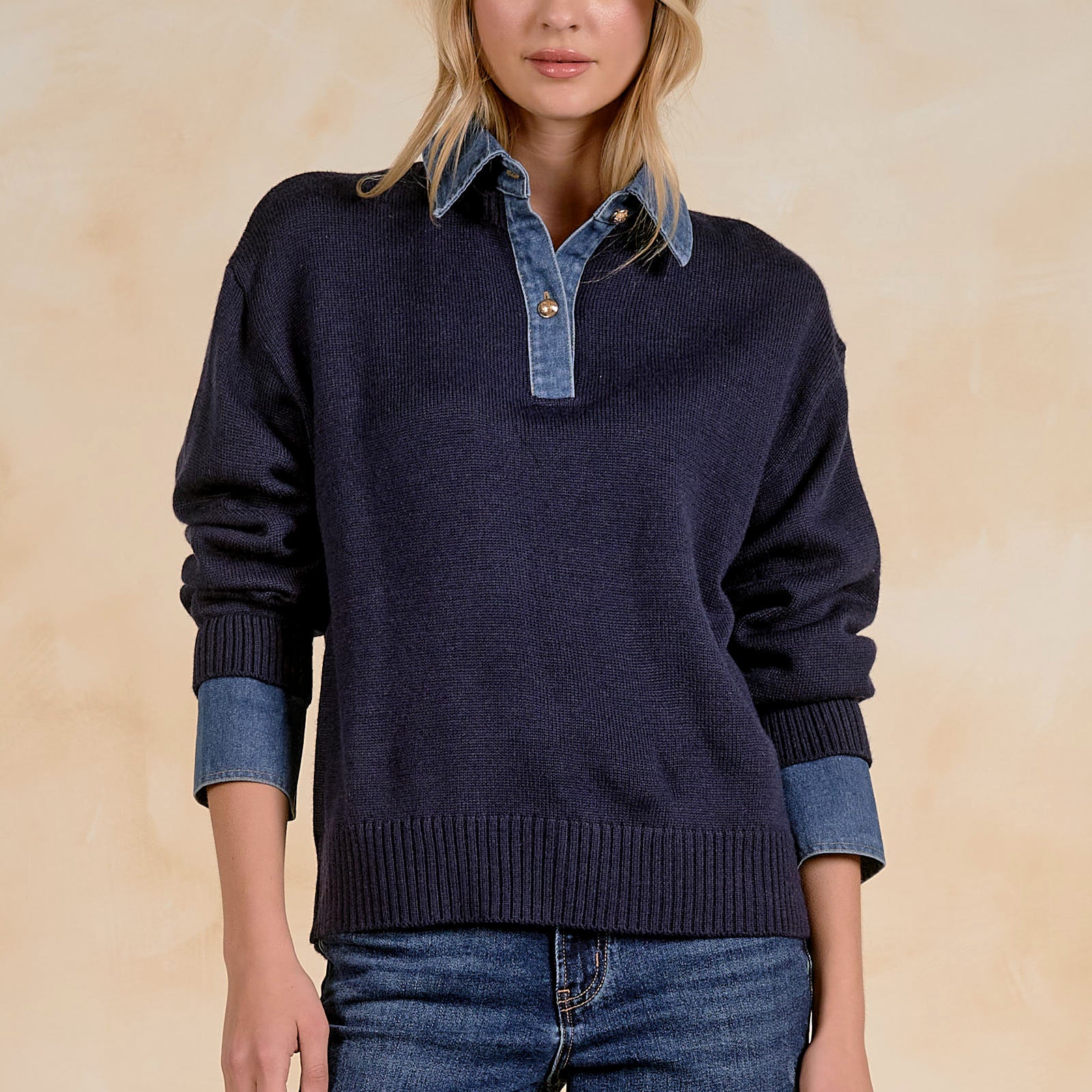 Elan Denim Collared Sweater - Navy