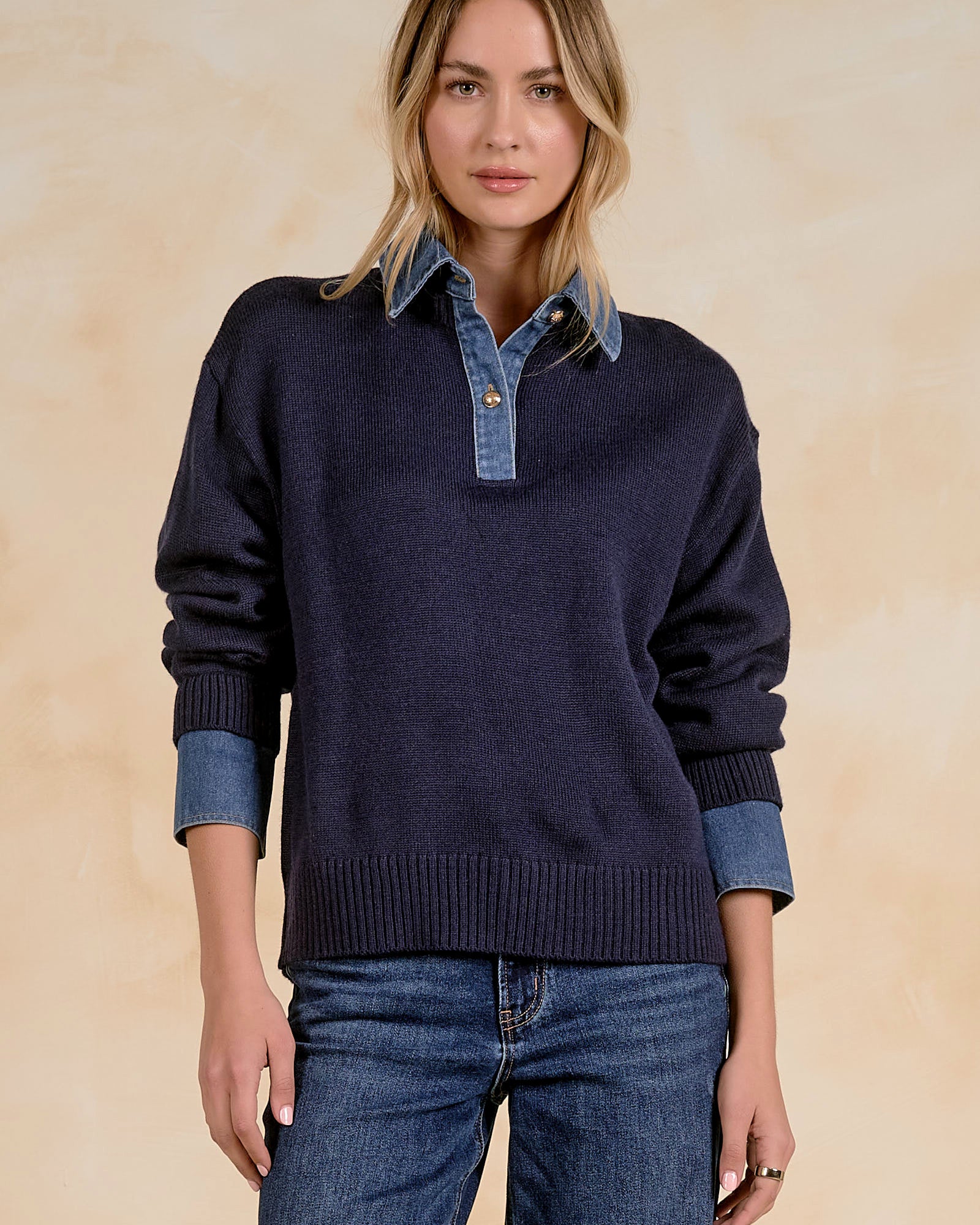 Elan Denim Collared Sweater - Navy