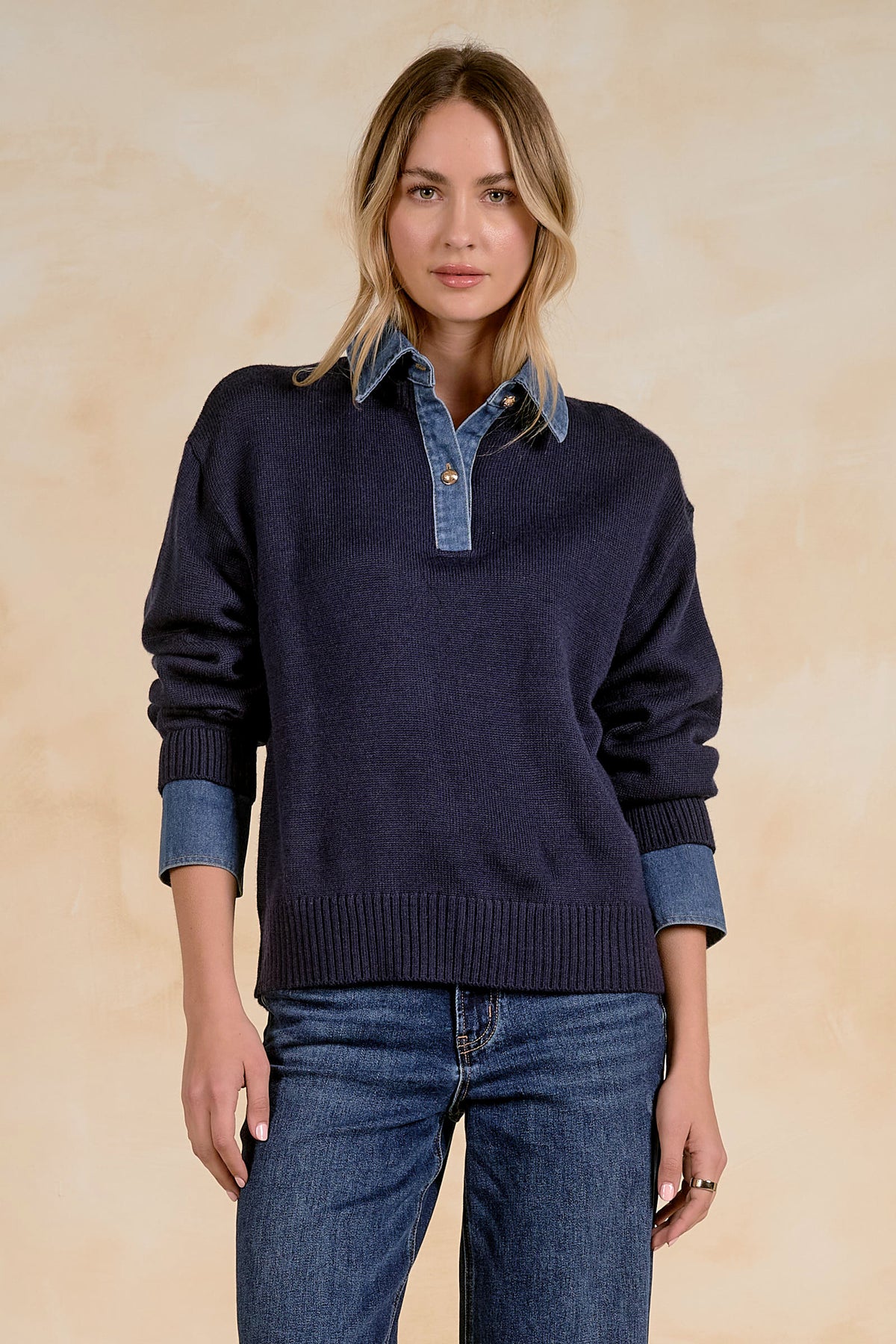 Elan Denim Collared Sweater - Navy