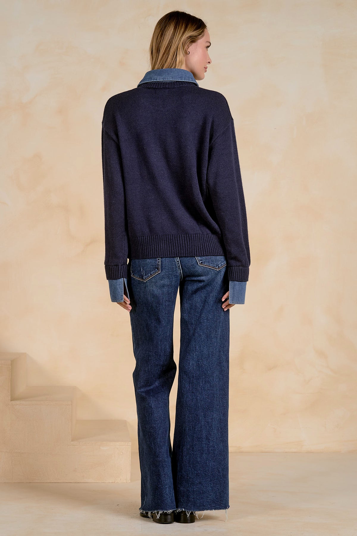 Elan Denim Collared Sweater - Navy