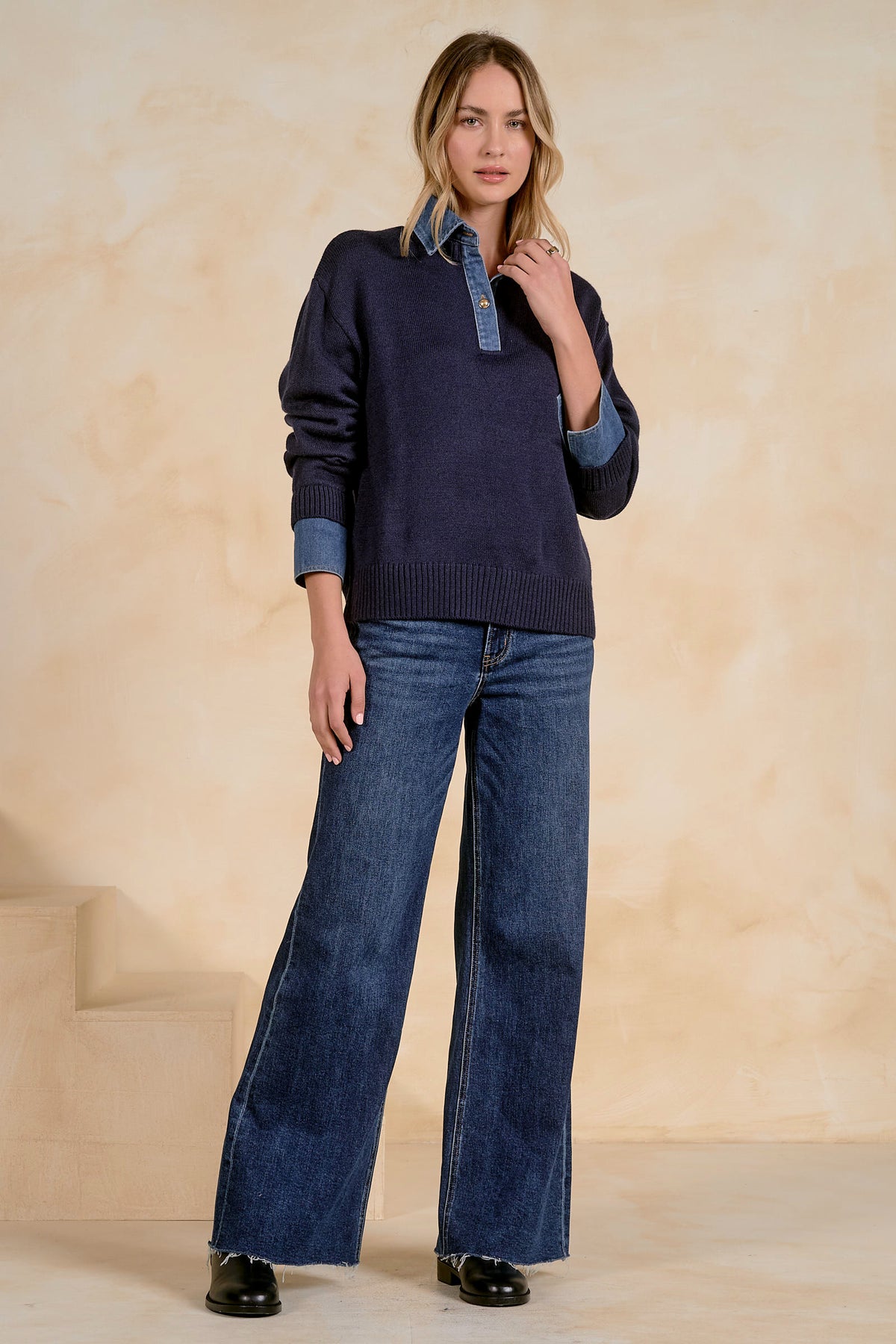 Elan Denim Collared Sweater - Navy