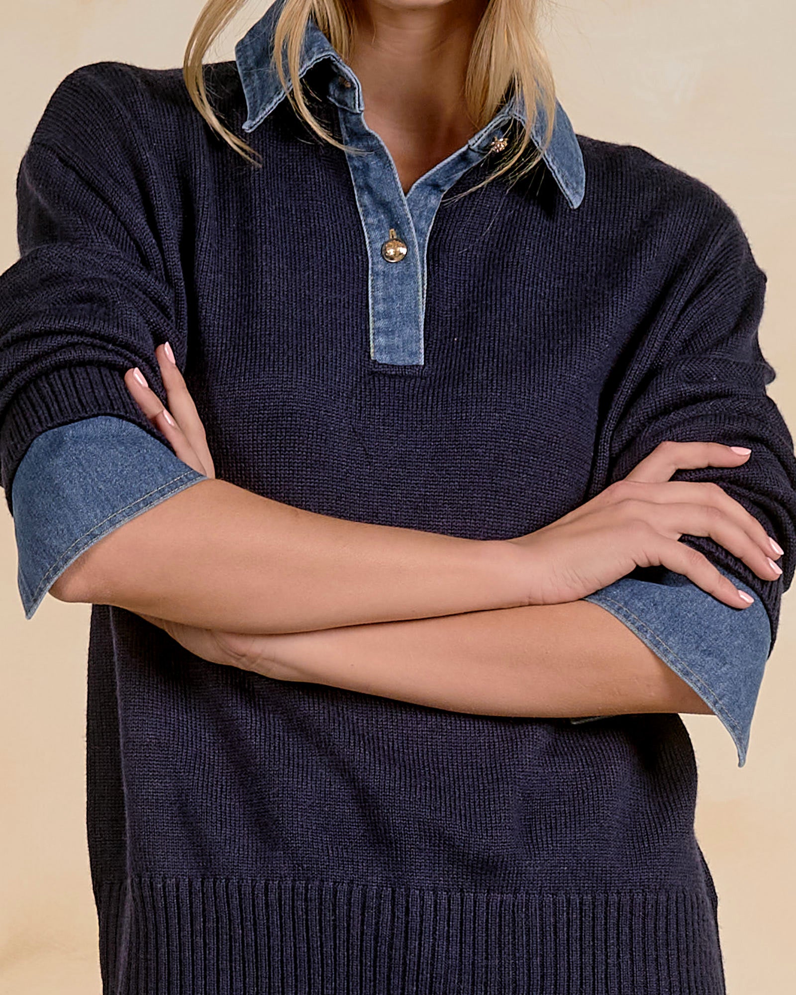 Elan Denim Collared Sweater - Navy