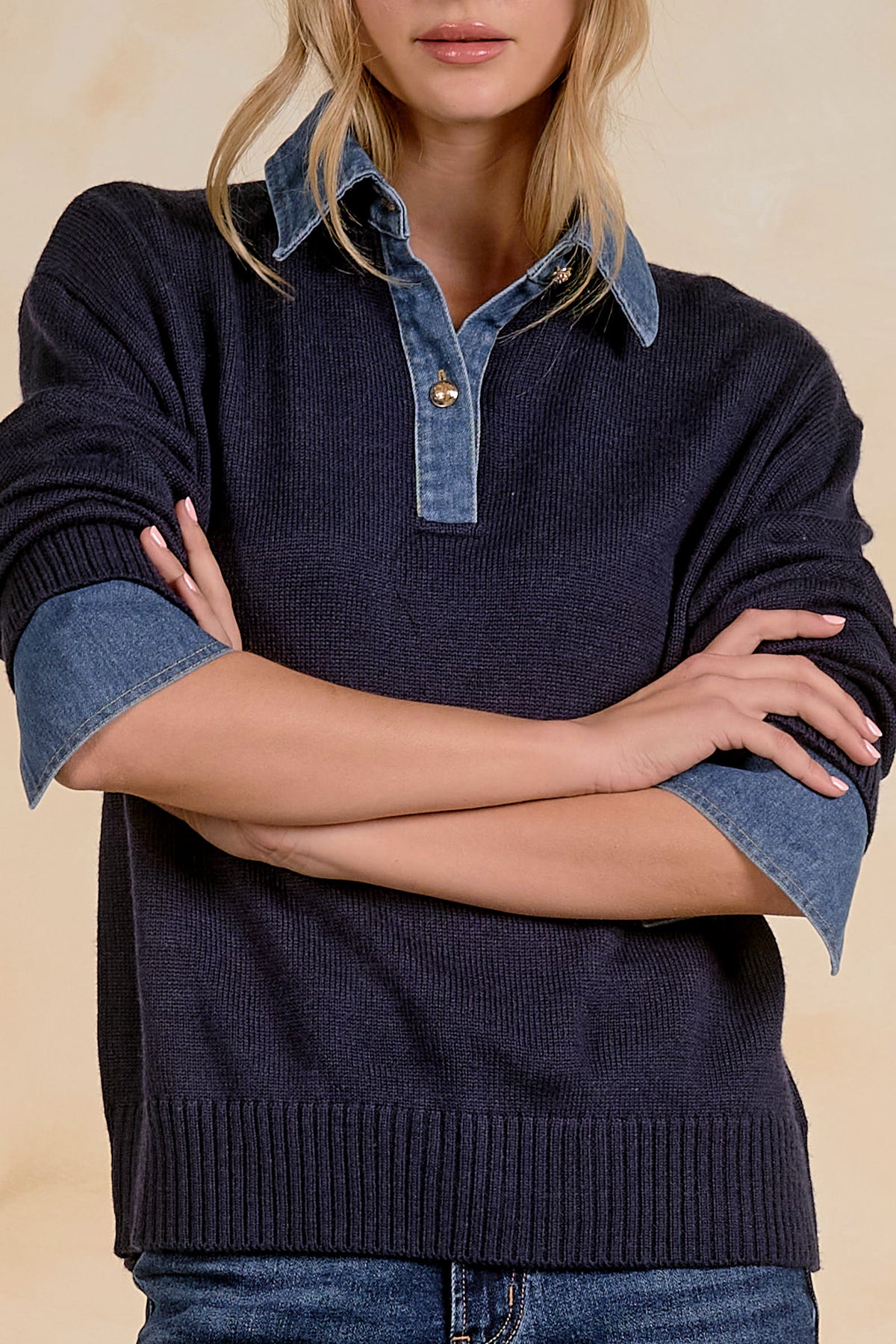 Elan Denim Collared Sweater - Navy