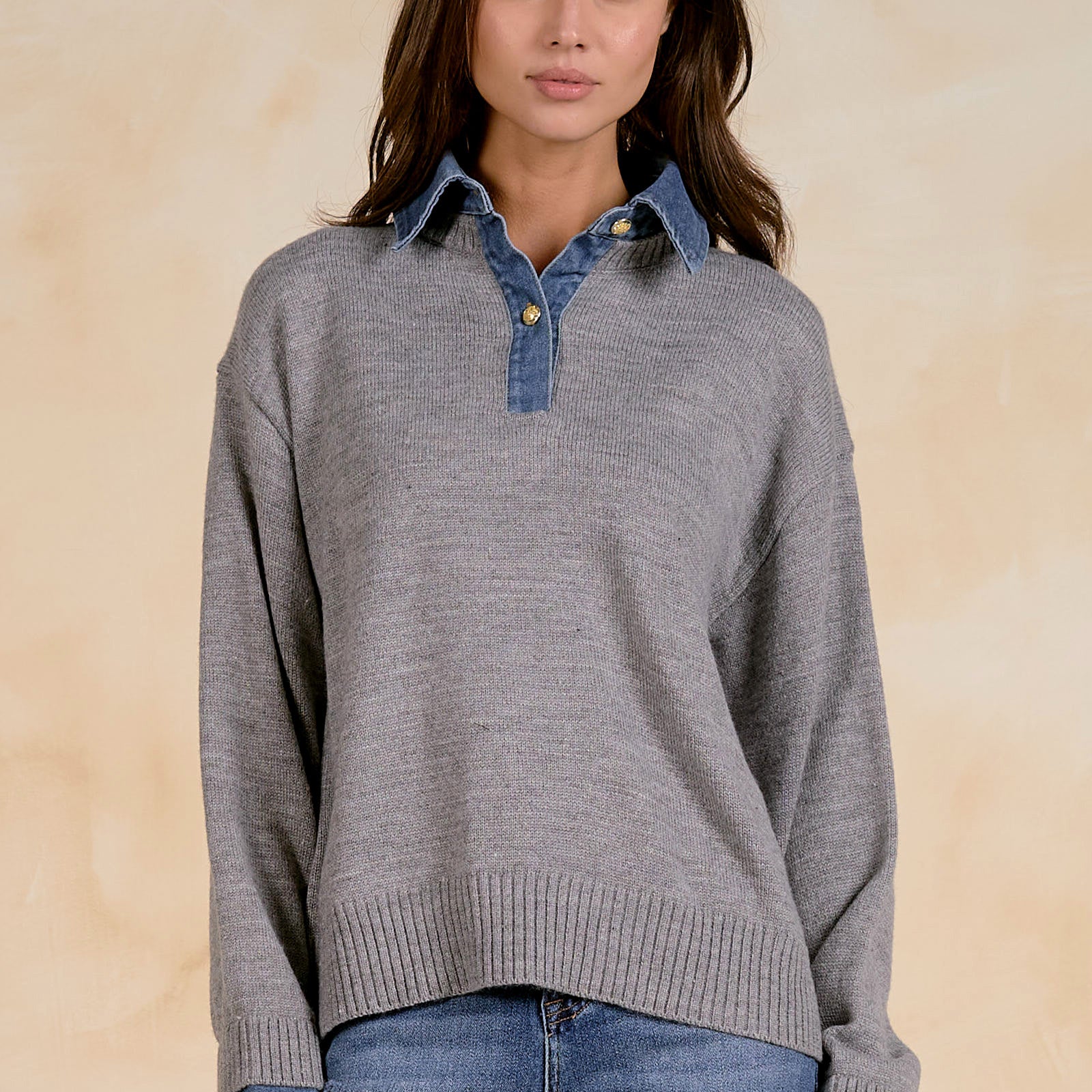 Elan Denim Collared Sweater - Grey