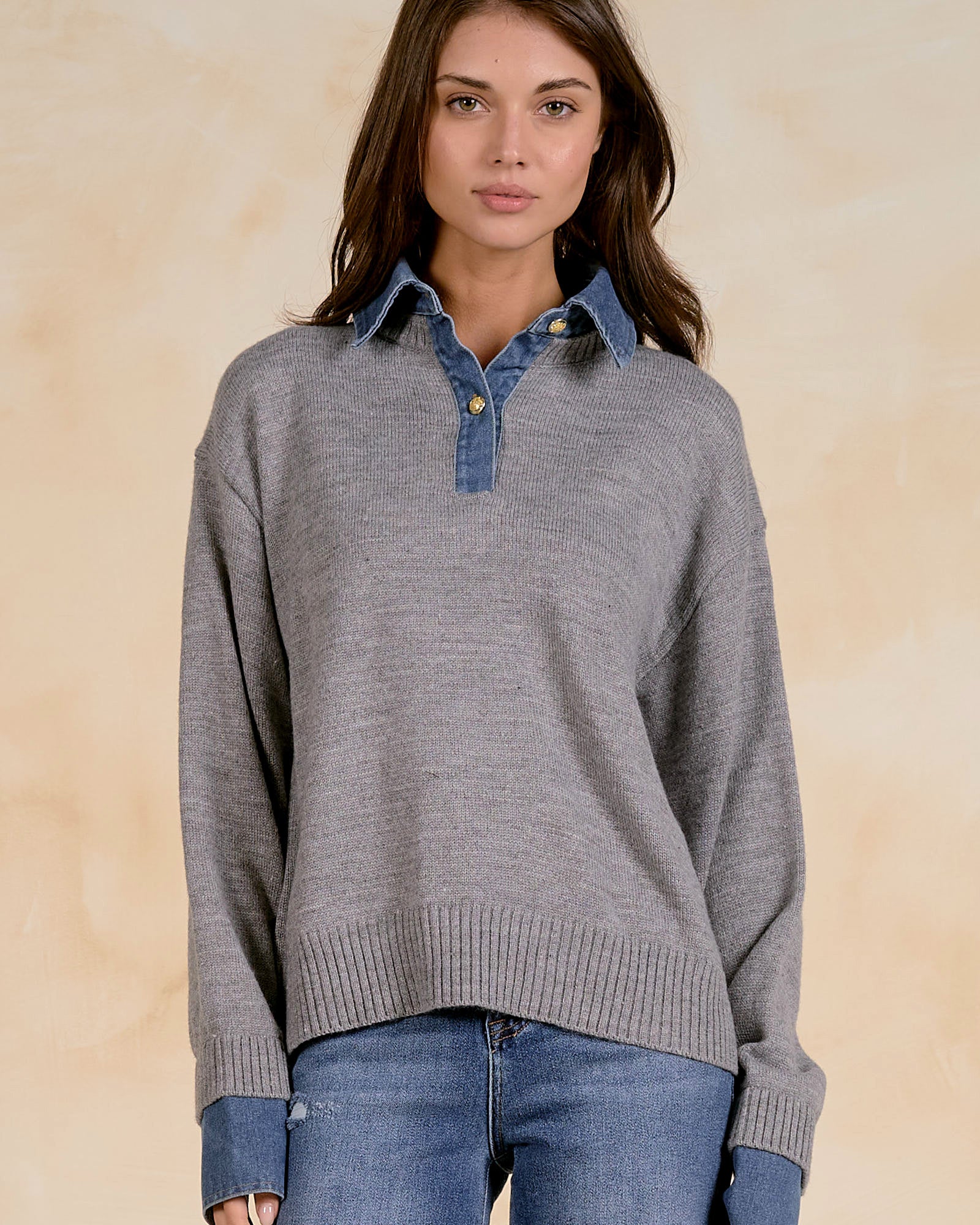 Elan Denim Collared Sweater - Grey