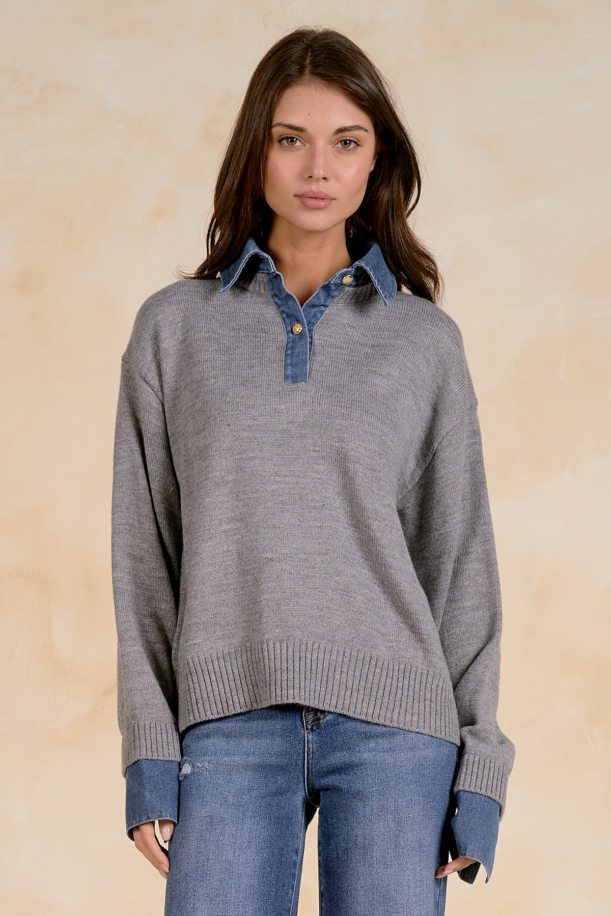 Elan Denim Collared Sweater - Grey