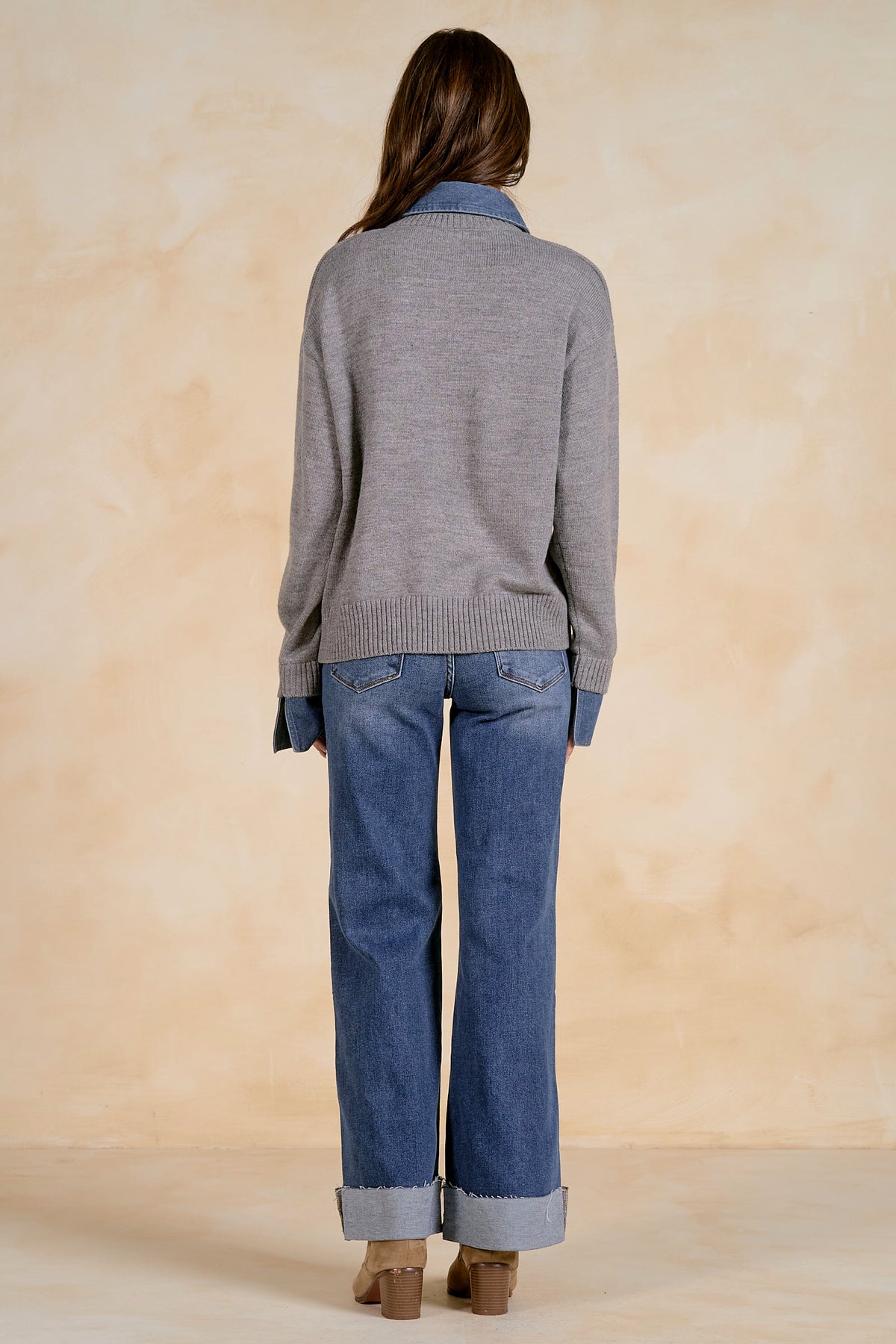 Elan Denim Collared Sweater - Grey