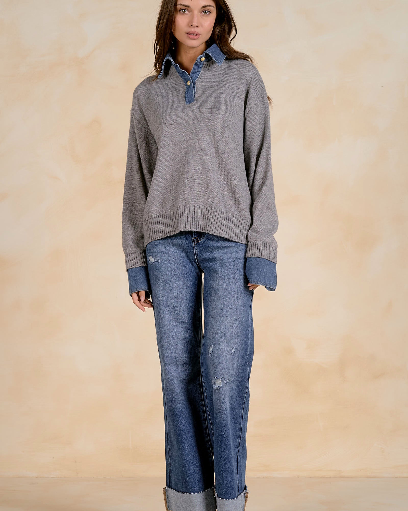 Elan Denim Collared Sweater - Grey