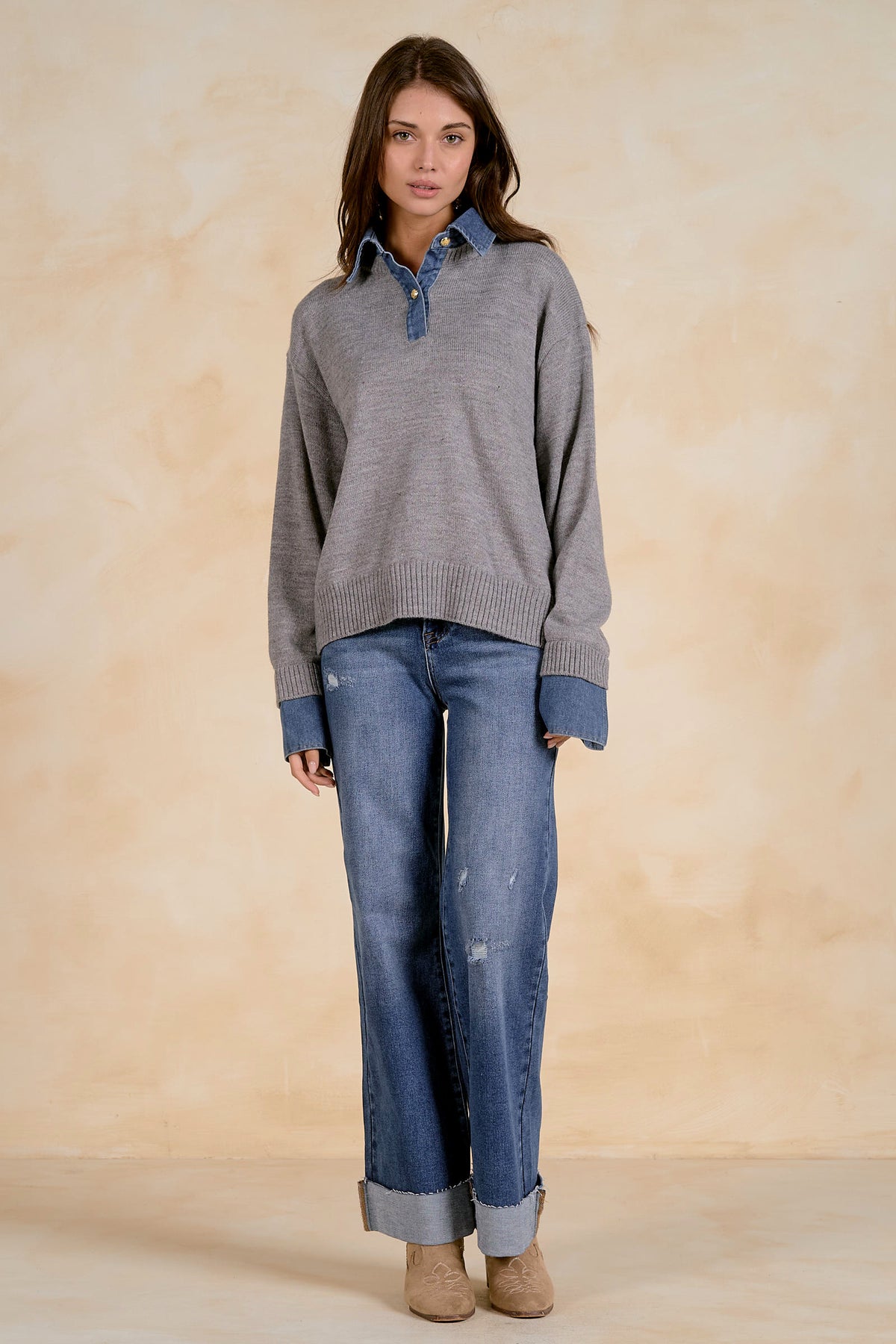 Elan Denim Collared Sweater - Grey