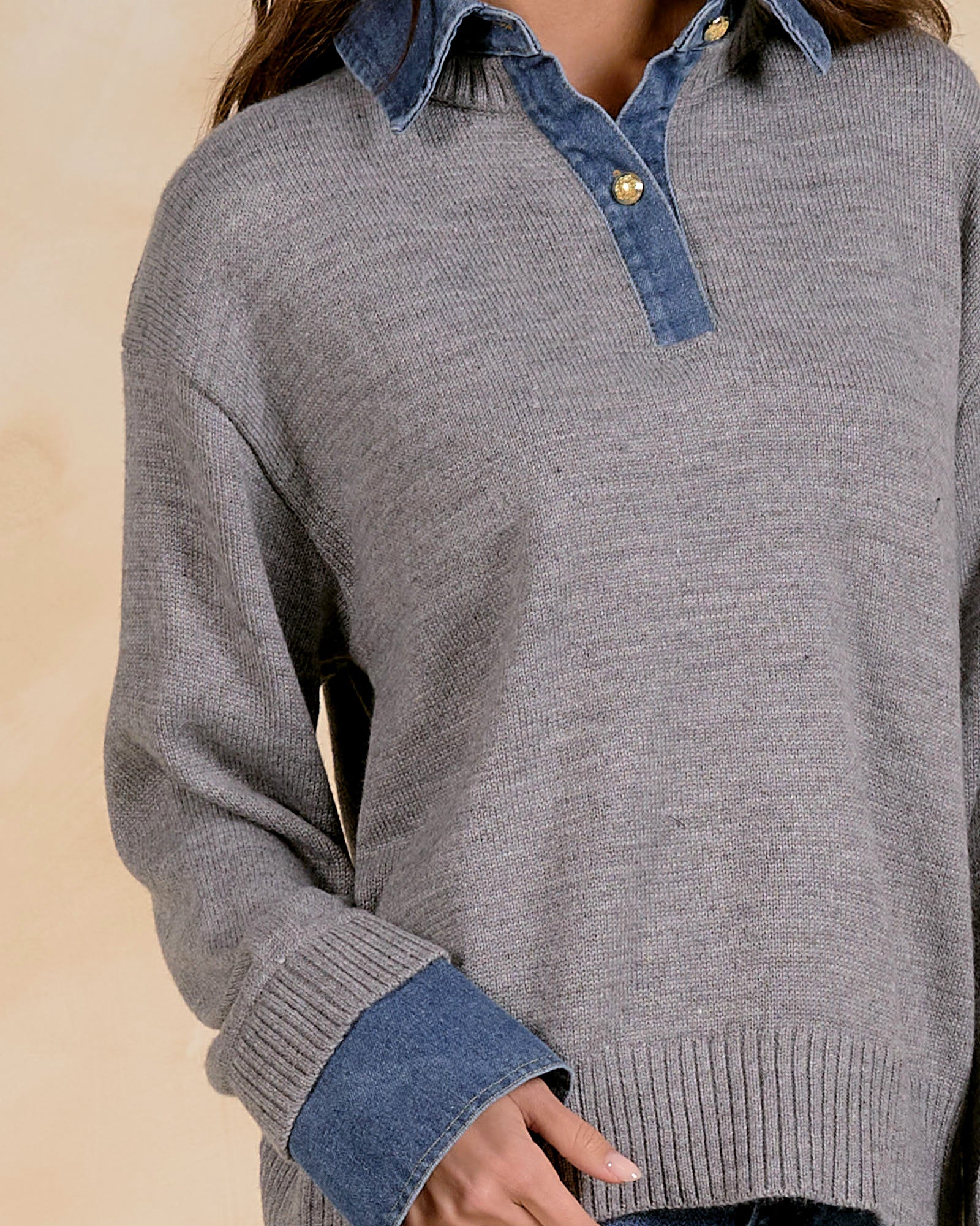 Elan Denim Collared Sweater - Grey