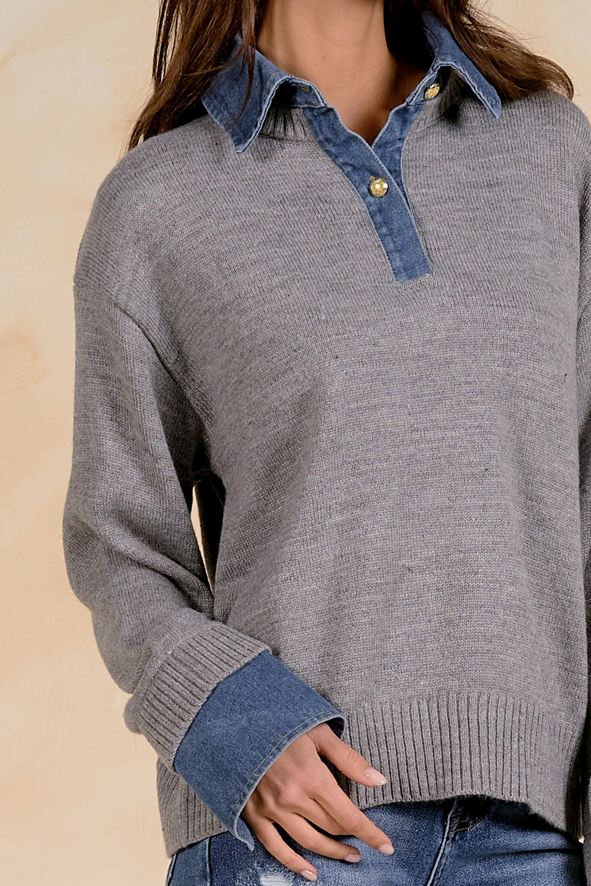 Elan Denim Collared Sweater - Grey