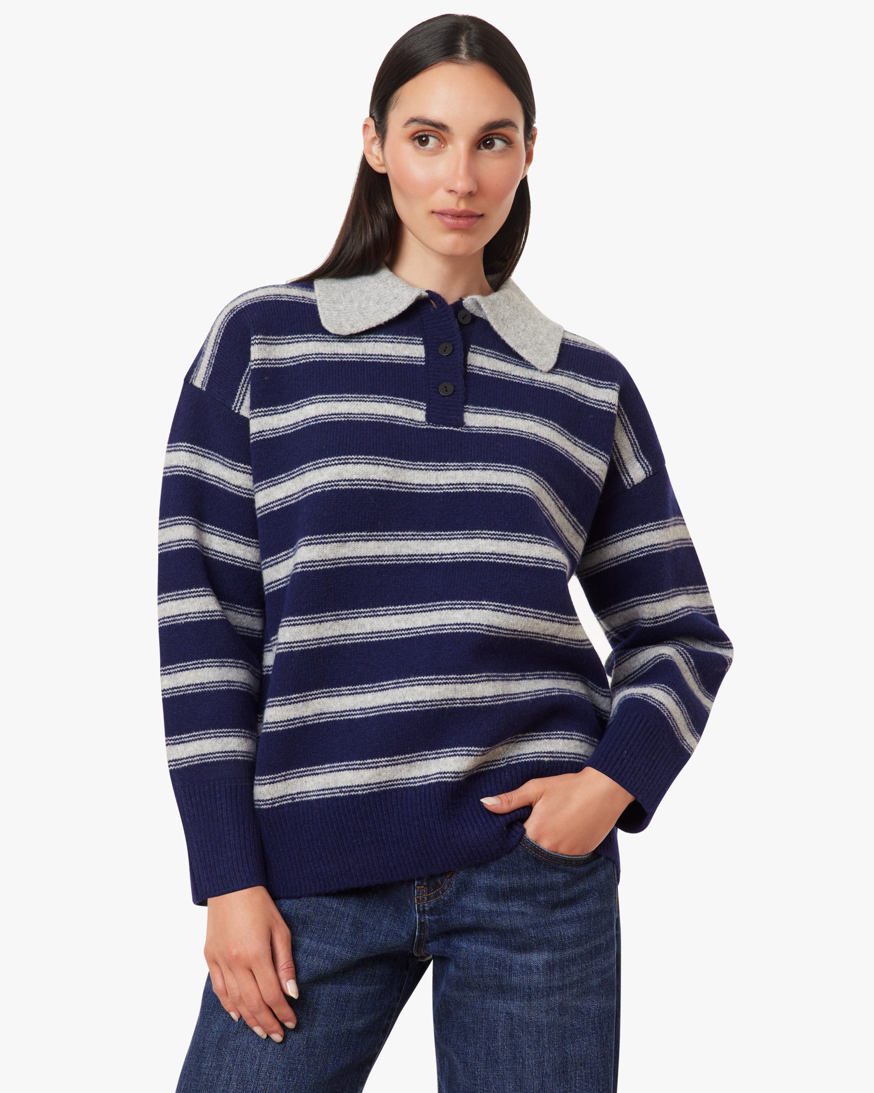 Navy Striped Oversized Polo Sweater