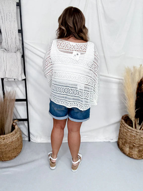 Open Knit Boatneck Dolman Sleeve