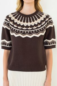 Geometric Fair Isle Short Sleeve Knit Sweater